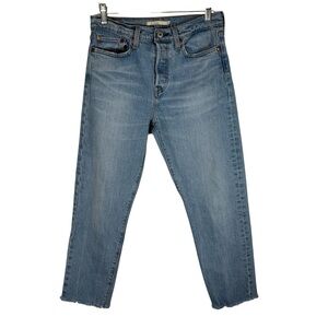 Levi's Wedgie Fit Blue Denim Jeans Womens 27 Button Fly Straight Leg Frayed Hem